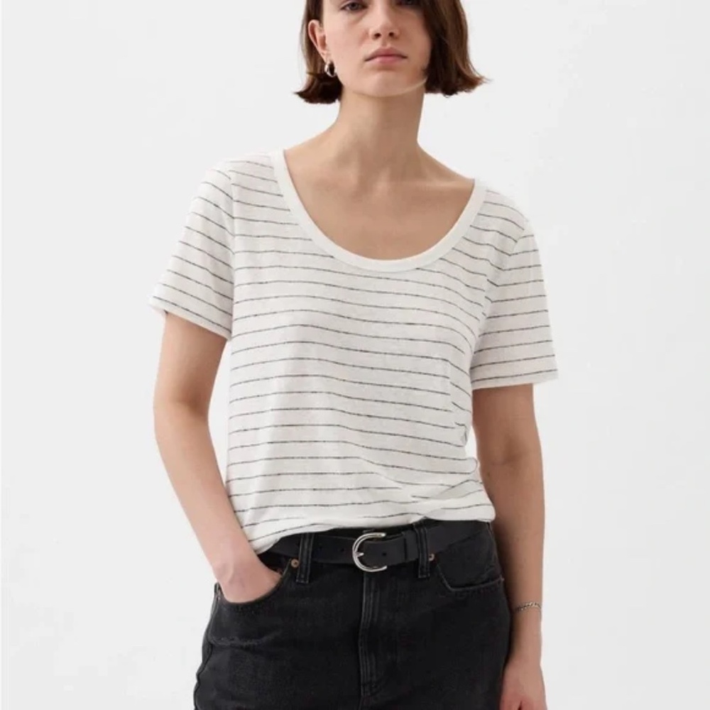 GAP - Linen blend scoop neck short sleeve T-shirt White / Black Stripes - MEDIUM